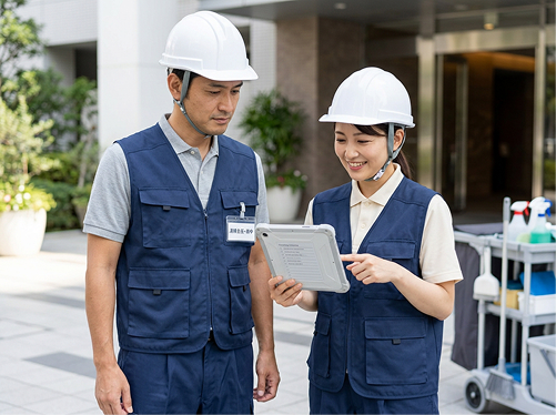 ヘルメットと作業着姿でタブレットを見ながら打ち合わせをする2人のスタッフ